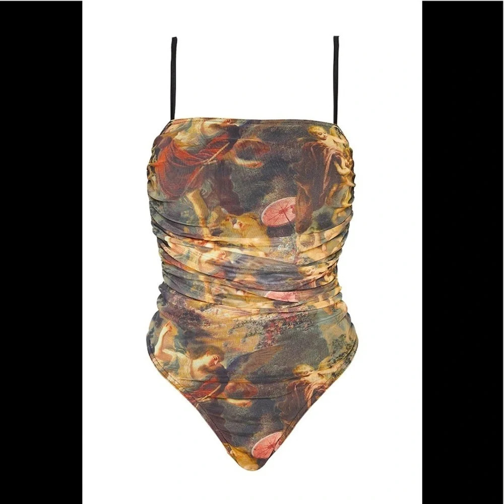 Plt Shape Brown Renaissance Print Mesh Ruched Thong Bodysuit - Picture 3 of 12